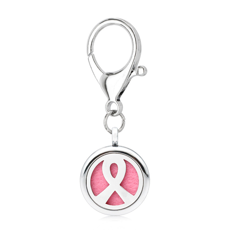 Wholesale Alloy 25MM Tree of Life Pink Ribbon Hollow Aromatherapy Essential Oil Keychain
